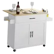 Rolling Kitchen Island Table on Wheels with Drop Leaf, 1 spice rack White