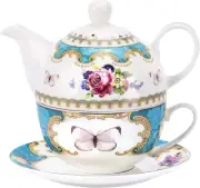 English Porcelain Tea For One Set Floral Teapot With Cup Blue Tea Cup And Saucer