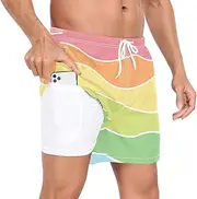 [GuoChe] Mens Swimming Shorts Men's 2In1 Running Shorts Colorful Waves Rainbow Color with Liner Swimming Board Shorts