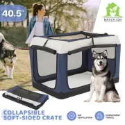 Soft Dog Cat Crate 40.5" Collapsible Pet Travel Cage Navy Blue w/3 Doors&Pocket