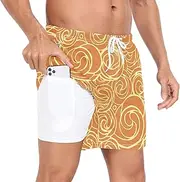 [GuoChe] Swimming Trunks for Men Men 2 in 1 Running Shorts Valentine's Day Floral Doodle Orange with Compression Liner and, Valentine's Day Floral Doodle Orange, Small