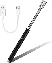 Candle Lighter, Round Electric Arc Lighter with LED Battery Display Safety Switch, USB 360°Flexible Lighter w/Longer Flexible Neck for Camping Cooking BBQs Fireworks (Black)
