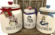 RAE DUNN Disney Alice In Wonderland, Queen Of Hearts, Cheshire Cat Canister Set