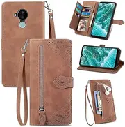[SATURCASE] Case for Nokia C30, Flower Embossing PU Leather Flip Magnet Wallet Zipper Pocket Stand Card Slots Lanyard Protective Cover for Nokia C30 (Brown)