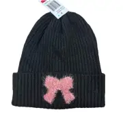 NWT PINK RIBBON Black Knit Stocking HAT Beanie Cap Breast Cancer Awareness OSFM