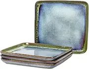 [HENXFEN LEAD] Ceramic Square Dinner Plates 11 Inch, Large Serving Dishes Set of 4 for Steak, Pasta, Salad, Stoneware Dinnerware Set Dishwasher Microwave Safe - Reactive Green