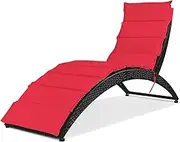 hysache Patio Lounge Chair, Outdoor Reclining Wicker Chaise, Portable Patio Rattan Lounge Chair with Cushion, Foldable Rattan Furniture for Backyard/Patio/Lawn/Balcony (1, Red)
