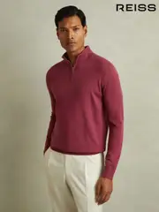 Reiss Cherry Pink Maxwell Merino Wool Half-Zip Polo Shirt (E04253) | $195