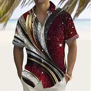 Men's Geometric Glitter Shine Line Shirt Summer Shirt Button Up Shirt Short Sleeve Fashion Casual Outdoor Vacation Dailywear Summer Spring Turndown 3D Print Co