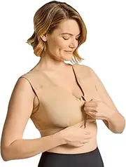 Tommie Copper Shoulder Support Compression Bra with Front Zipper Closure Wireless Posture Corrector & Back Support Bra UPF 50, Nude, Medium