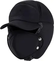 [Inborntrait] Men Trapper Hat Thermal Faux Fur Lined, Trooper Aviator Hat, Winter Windproof Hat Ear Flaps Removable Warm Mask, 3 in 1 Black, Black, One Size