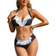 Ruffled Lace Trim Swimwear Two Pieces Bathing Suit Set Women Halterneck Swimwear