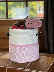 Wayideal Cotton rope Storage Basket with Zipper cover & Woven baskets with Lid easy to move Multi-Purpose Storage Basket for Living Room, 13 x14 inches(Pink+White)