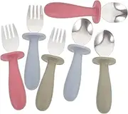 CIYODO Baby Food Spoon Set Toddler Fork Spoon Set 6pcs Baby Training Utensils Stainless Steel Silicone Material Comfortable to Hold