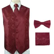 Burgundy Men Paisley Tuxedo Dress Vest Waistcoat & Necktie, Bowtie And Hanky