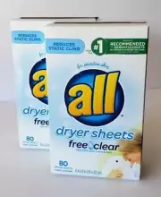ALL Dryer Sheets Free Clear 80 Count 2 PACK!!