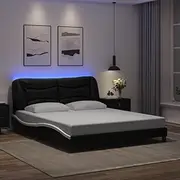 Queen Bed Frame, Black Faux Leather Waved Design with RGB LED Lights, Plywood Slats, Headboard Support for Bedroom