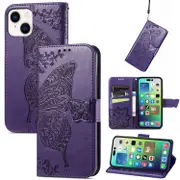 For iPhone 15 Case, Butterfly Emboss PU Leather Wallet Cover, Dark Purple