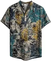 Mens Floral Hawaiian Shirts Short Sleeve Button Down Collared Shirt Vintage Print Tee Tops Tropical Fancy Beach T-Shirts