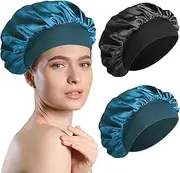 Pack of 2 Silk Hood for Sleeping, Silk Sleeping, Silk Bonnet Sleep Cap, Soft, Comfortable, Satin Hair Cap for Night Women, Sleep Cap Hair Protect and Dry, Shower Cap with Elastic Band, Blue + black