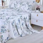 [Brandream] Queen Size Sheet Set Luxury Blossom Floral Birds Bedding Collections 800 Thread Count 100% Egyptian Cotton Deep Pocket, 4 Piece White Blue Botanical Branches Flower
