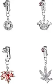 [LIU JUN] Fake Belly Button Piercing For Women, 5pcs Silver Clip In Belly Button Stainless Steel Ring Cubic Zirconia Heart Short Dangle Statement Jewelry Gift