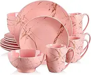 Dinnerware Sets for 4, 16 Piece Porcelain Dish Sets Pink Plates and Bowls Set, Gold Splash Glaze Round Dinner Plates, LOVECASA, Stylish and Modern Plates and Bowls Set with Mugs, Pink