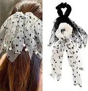 Knotted Bow Hair Scarf Scrunchies for Teen Girls Mesh Bow Scrunchies with Long Ribbons Beige Bowknot Hair Rope Elastic Bands Black Ribbon Bow Hair Ties Ponytail Holders Accessories for Women 2PCS