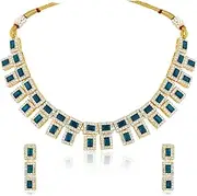 [Aheli] Crystal & Cubic Zirconia Studded Blue Necklace Drop Earrings Set Jewellery for Women, One Size, Metal, No Gemstone