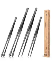 4 Pcs Fine Long Tweezer Tongs Professional Black, 12'' and 10'' Stainless Ste...