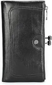 [Contacts] Women's Large Purse with Kiss Lock, Leather Long Purse Clutch Zip Wallet, RFID Phone Wallet with 10 Card Slots and Coin Compartment, black, Classic