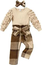 [TITKKOP] Toddler Baby Girl Clothes Ribbed Long Puff Sleeve Tops+Plaid Pants+Headband+Belt 4Pcs Fall Winter Casual Outfits Set