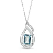 Emerald-Cut Aquamarine and Natural Diamond Accent Flame Pendant in 10K White Gold