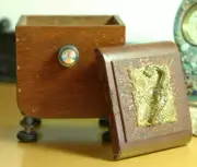 Antique Wood Folk Art Trinket Box Vintage Bobbins Pearl Crystal Handles