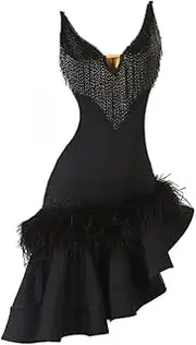 [JRUIA] Women's Suspenders Latin Dance Dress Beaded Cha Cha Tango Competition Costume Irregular Fishbone Skirt for Rumba Salsa