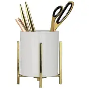 4.72" Gold Pen Holder Aesthetic Pencil Holder for Desk, White Cup-Gold Bracket