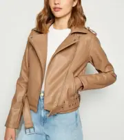 NEW LOOK CAMEL LEATHER LOOK PU BELTED BIKER JACKET CASUAL BOHO CHIC TRENDY UK 14