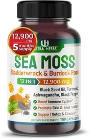 Organic Sea Moss Capsules with Black Seed Oil, Ashwagandha, Burdock Root, Bladde