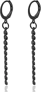 [Fusamk] Punk Rock Stainless Steel Huggie Hinged Hoop Earrings Long Chain Drop Dangle Earrings