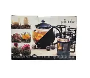 PRIMULA Black Half Moon 40oz Glass Teapot Starter Kit 6 Flowers 4 Mugs NIB!!!!