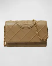 Tory Burch Fleming Woven Chain Wallet Shoulder Bag PEBBLESTONE