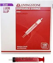 Syringe 5mL Luer Slip Tip Red Plunger Sterile Box of 100