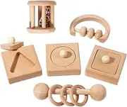 ibasenice 1Set Montessori Wooden Grasping Geometric Shapes Rattle Puzzle for Boy Girl and Promotes Fine Motor Skills Hand Eye Coordination Safe Natural Design