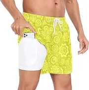 [GuoChe] Beach Shorts for Men Men's 2In1 Workout Shorts Yellow Decorative Flowers Pattern with Phone Pocket Swimwear