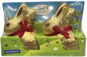 Lindt GOLD BUNNY 2-PACK Milk Chocolate 7 OZ Foil Wrapped Red Ribbon Germany!