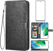 [Asuwish] Compatible with Samsung Galaxy S21 FE Gaxaly S 21 FE 5G Wallet Case Tempered Glass Screen Protector and Leather Flip Cover Card Holder Stand Phone Cases for Glaxay S21FE5G UW S21FE G5 Black