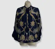 $995 Etro Women's Blue Silk Button-Front Neck Tie Blouse Top Size IT38/US2