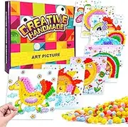 PHOGARY Pom Pom Art, DIY Paper Craft Kit for Kids Small Pom Pom Pictures, Sticker Flower Animals Rainbow Pom Poms Painting Arts & Crafts Supplies, Colored Pompoms Family Activities Craft, 8