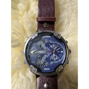 DIESEL DZ7314 棕色皮革錶帶手錶，功能正常