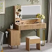 Galasil Fluted Make Up Vanity Desk with Mirror and Lights Chair,Wooden Vanities Desk with Glass top,Oak Vanity, Adjustable Side Cabinet,Modern Dressing Table Set w/Charging Station for Bedroom